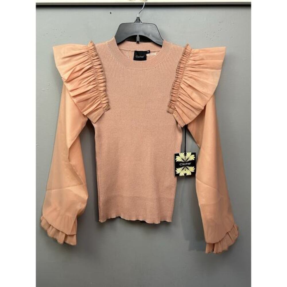 Cliche Pullover Ribbed Sweater Womens XS Peach Ruffle semi sheer sleeves NEW